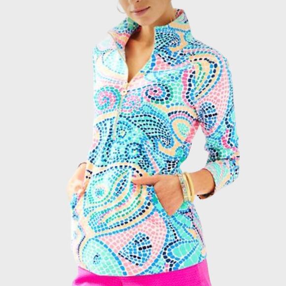 Lilly Pulitzer Skipper Popover Multi Tile Wave 1/2 Zip 20600 Womens M - Picture 1 of 12